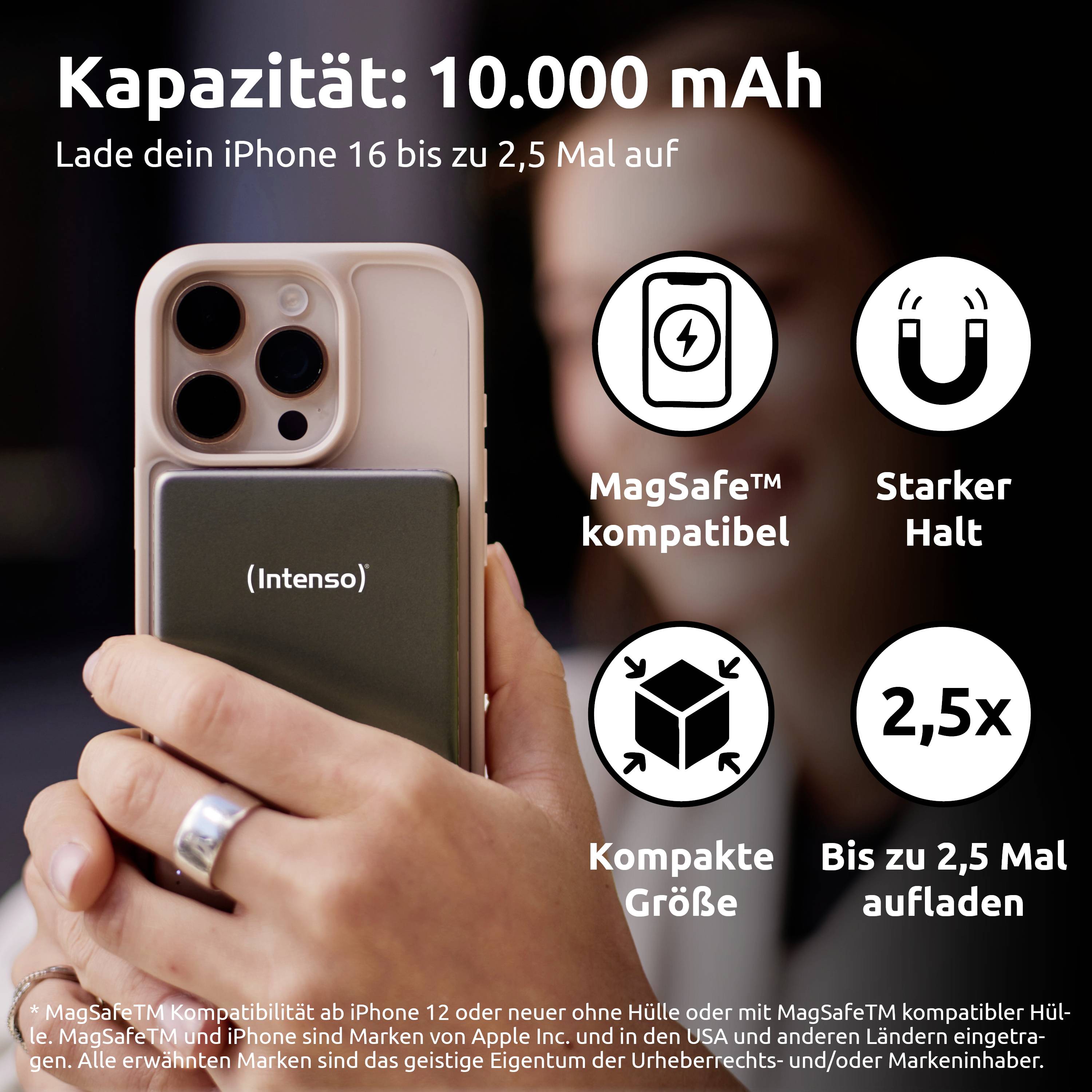 Pojemność: 10.000 mAh. Naładuj swojego iPhone'a nawet do 2,5 razy. Etui na telefon z wbudowanym akumulatorem, kompatybilne z MagSafe™, kompaktowy rozmiar.