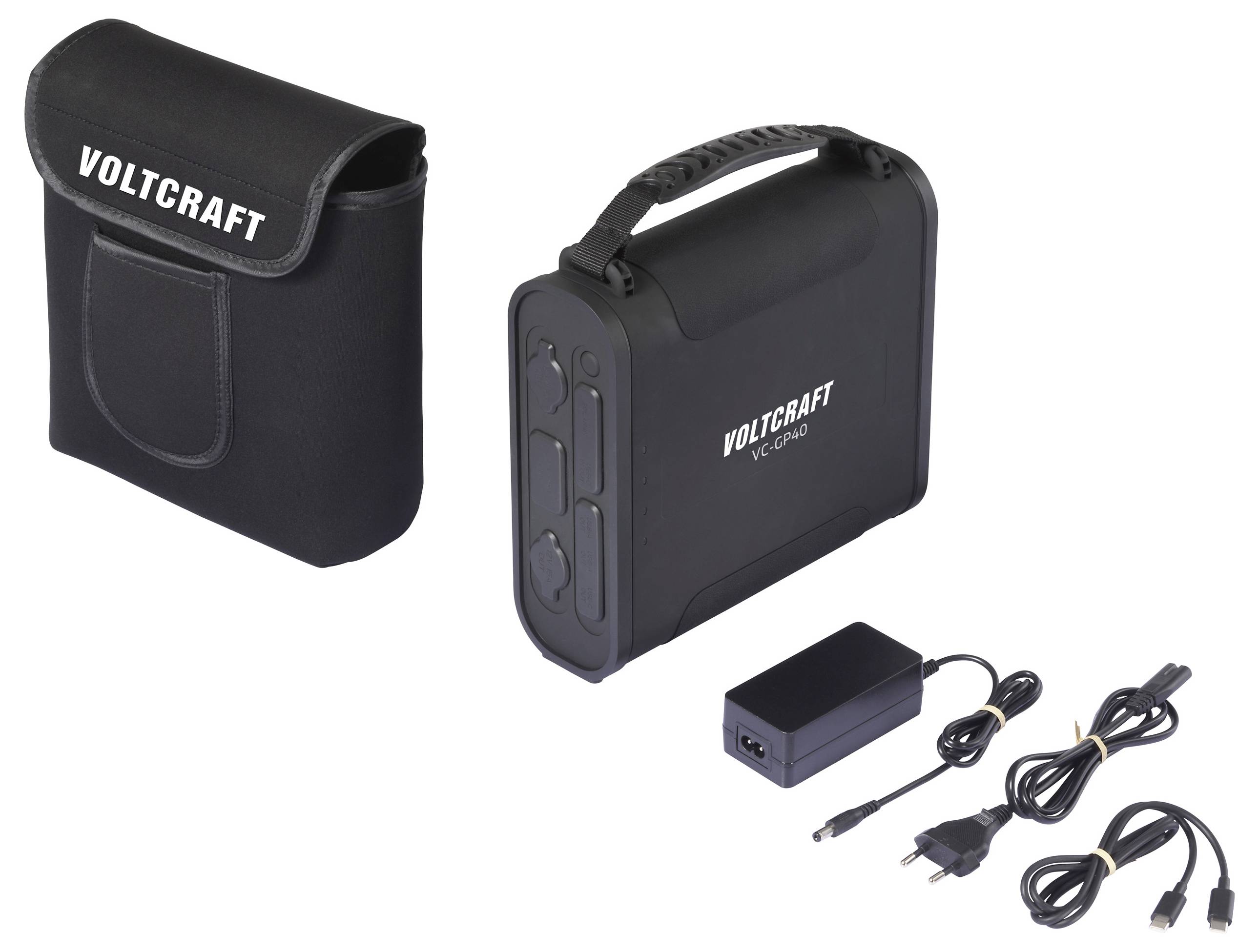 'VOLTCRAFT VC-1000' przenośny powerbank z etui transportowym, zasilaczem sieciowym i różnymi kablami do połączeń i ładowania.
