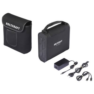 'VOLTCRAFT VC-1000' przenośny powerbank z etui transportowym, zasilaczem sieciowym i różnymi kablami do połączeń i ładowania.