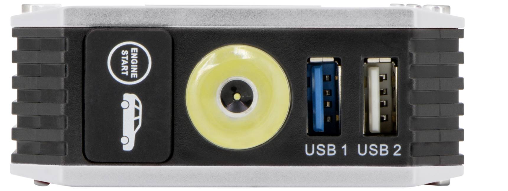 Przenośny rozrusznik samochodowy z przyciskiem 'Uruchom silnik', żółtą diodą wskaźnikową oraz dwoma portami USB oznaczonymi jako 'USB 1' i 'USB 2'.