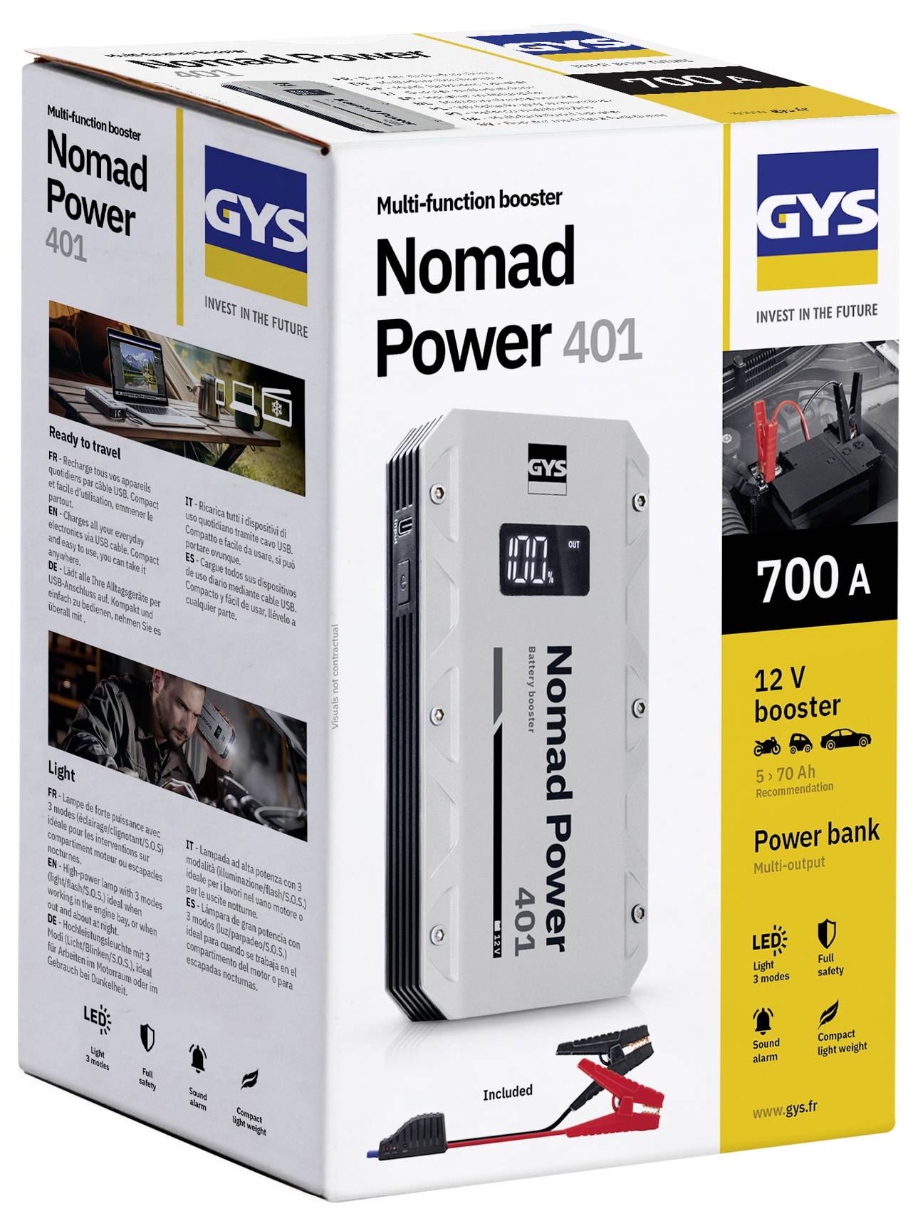 Pudełko 'Nomad Power 401' z wielofunkcyjnym urządzeniem rozruchowym przedstawiające obraz urządzenia, kluczowe cechy takie jak rozrusznik 12V, power bank 700A oraz akcesoria.