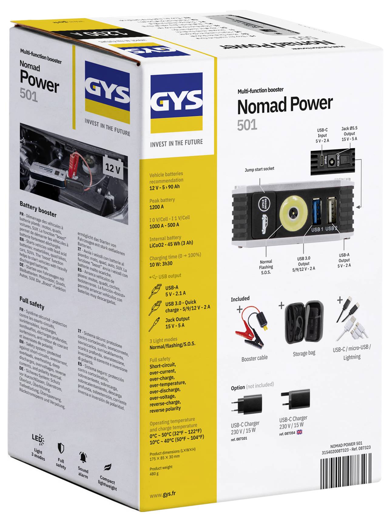 Wielofunkcyjny rozrusznik 'GYS Nomad Power 501' w pudełku. Zawiera booster akumulatora, latarkę, ładowanie przez USB oraz wyjście 12V.