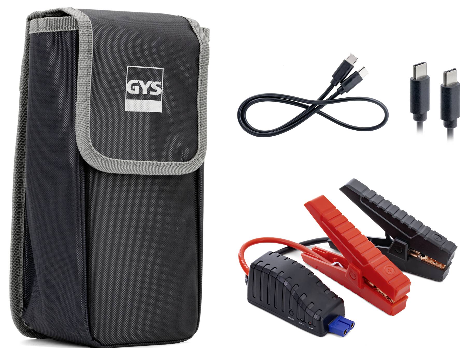 Zestaw zawiera czarno-szare etui, przewody rozruchowe z czerwonymi i czarnymi zaciskami oraz kable USB z złączami Type-C.