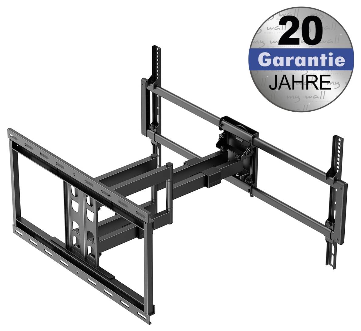 Uchwyt ścienny do telewizora z regulowanym ramieniem, odpowiedni dla różnych rozmiarów ekranu. Okrągła odznaka z napisem '20 lat gwarancji'.