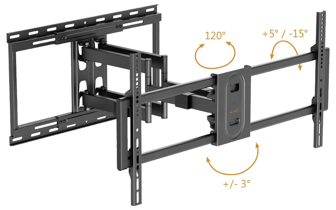 Uchwyt naścienny z regulowanymi kątami: obrót o 120°, pochylenie od +5° do -15° oraz obrót o ±3° do pozycjonowania ekranu.