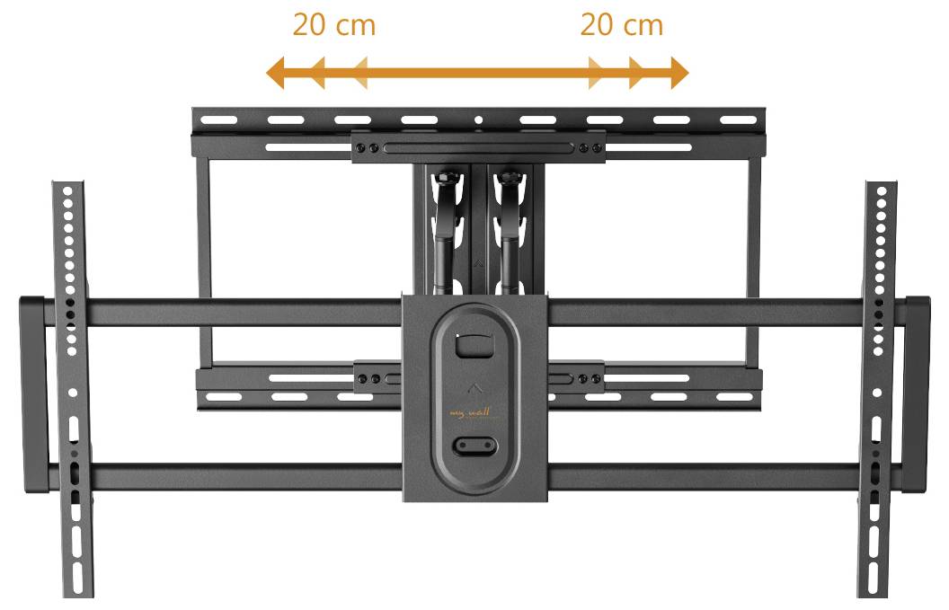 Uchwyt ścienny do telewizora z regulowaną szerokością, wskazujący 20-centymetrowy zakres dopasowania po obu stronach.