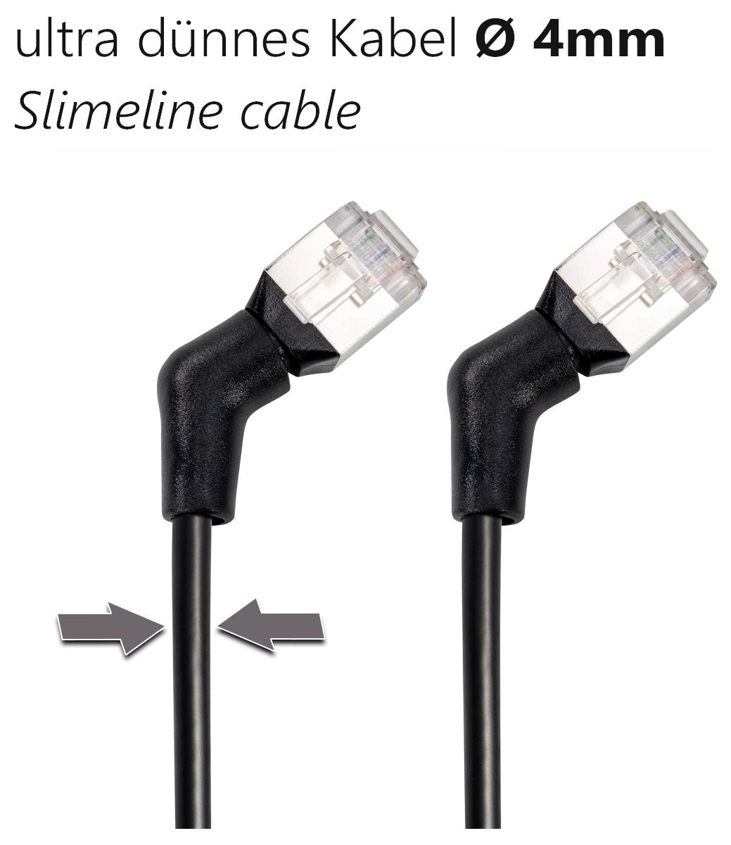 'Ultracieniutki kabel Ø 4mm, kabel w wersji Slimeline.' Dwa cienkie czarne kable z końcówkami, prezentujące kompaktową konstrukcję.