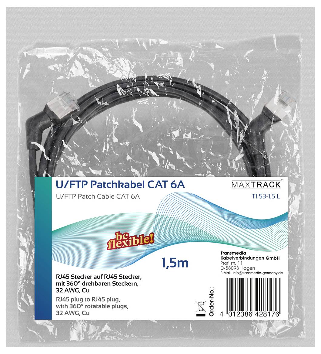 1,5m Kabel krosowy U/FTP Cat 6A z czarnym przewodem i złączkami, nadrukowany na przezroczystym opakowaniu. Zawiera kod kreskowy i informacje producenta.