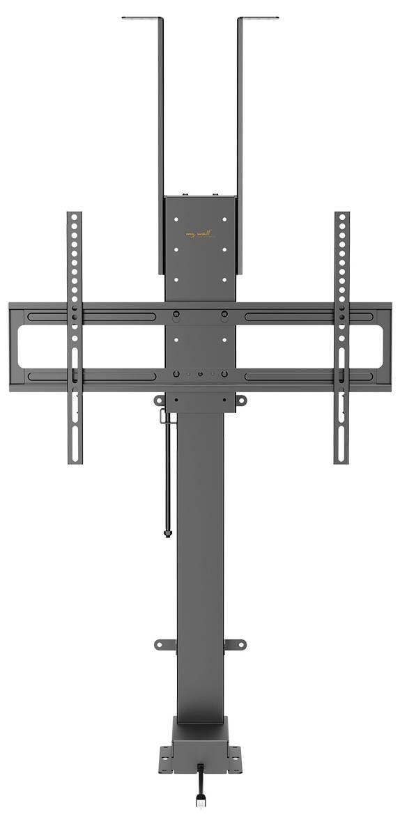 Czarny stojak na monitor z regulowanymi uchwytami, przeznaczony do montażu telewizorów płaskich lub monitorów o różnych rozmiarach.