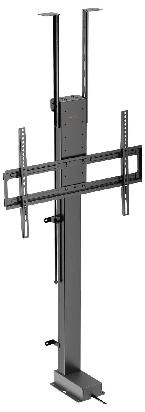 Uchwyt ścienny do telewizora z regulacją wysokości, podwójnymi ramionami i mocowaniem do płaskich ekranów. Wykonany w ciemnometalowym wykończeniu, z systemem zarządzania kablami.
