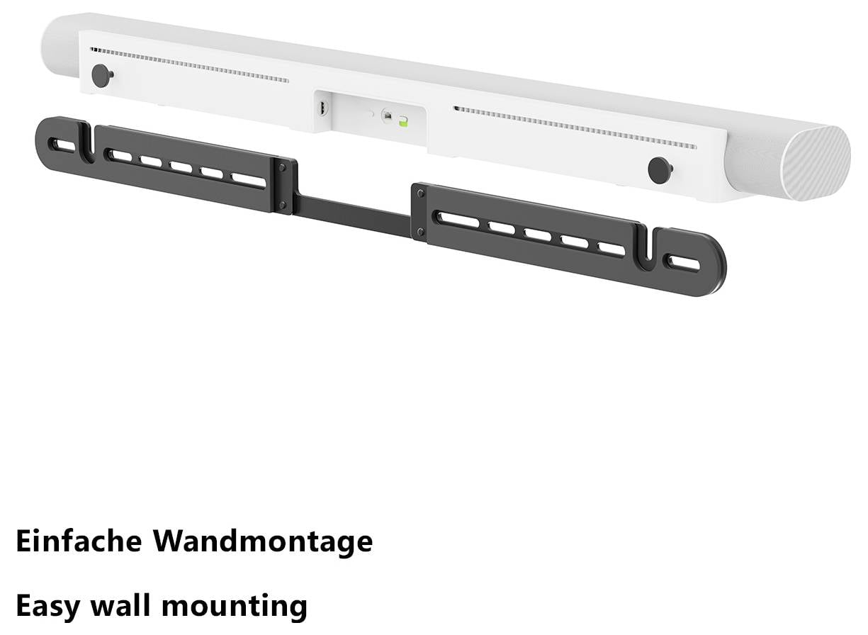 Soundbar montowany na ścianie z uchwytami montażowymi i etykietą mówiącą "Łatwy montaż ścienny".