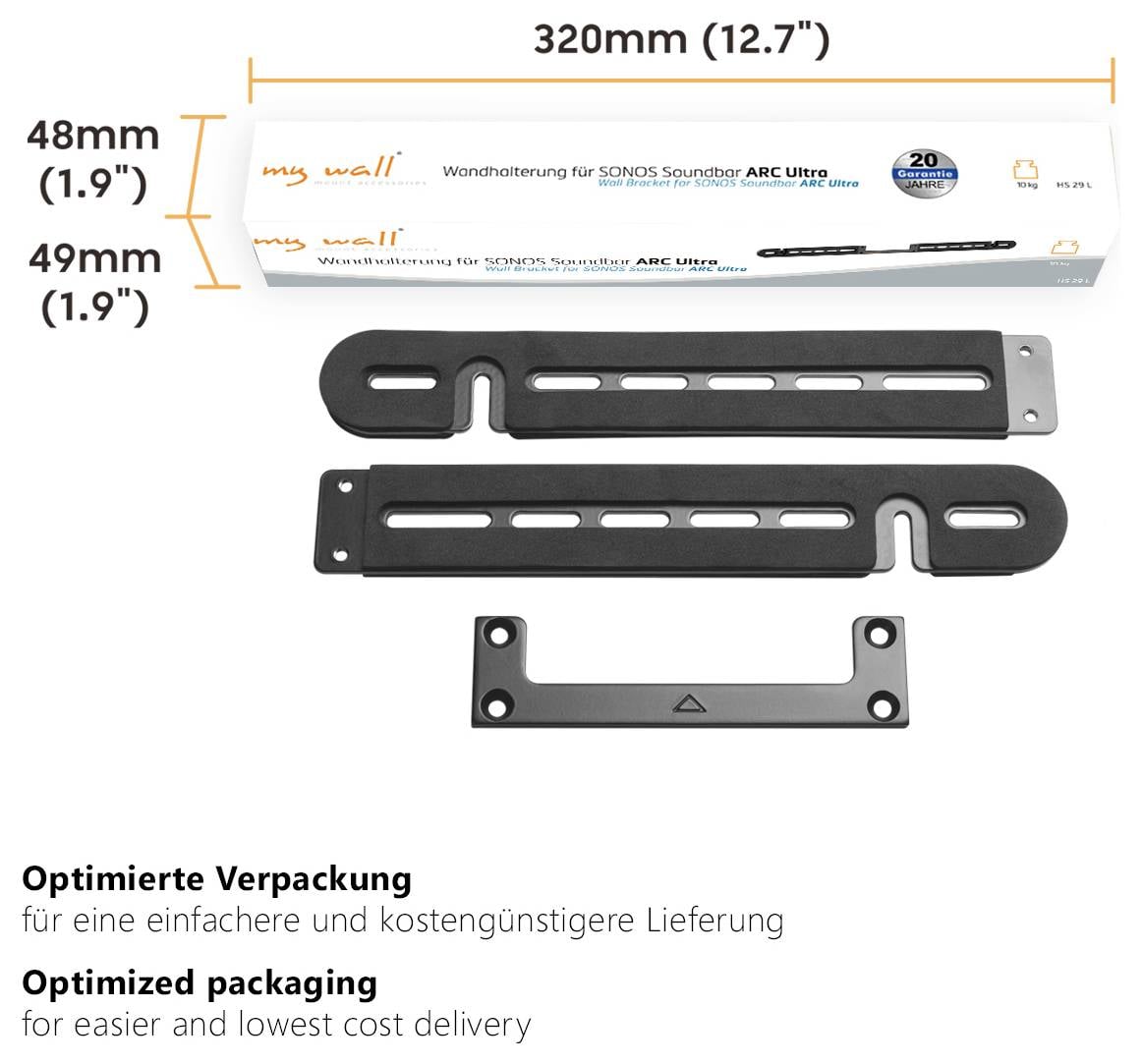 Zestaw mocowania ściennego dla soundbara Sonos ARC Ultra, zawiera szczegółowe wymiary opakowania oraz dwie czarne wsporniki montażowe.