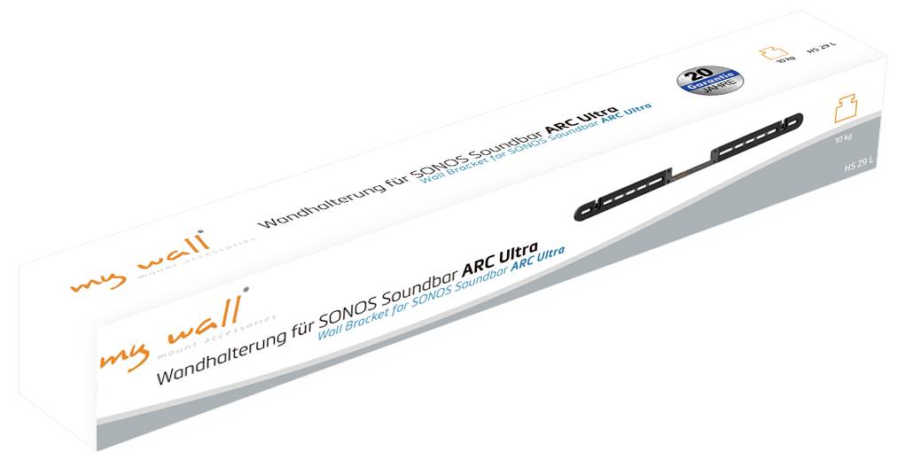 Uchwyt ścienny 'my wall' do soundbara SONOS ARC Ultra, wspornik ścienny prezentowany na opakowaniu wraz z cechami produktu i logo marki.