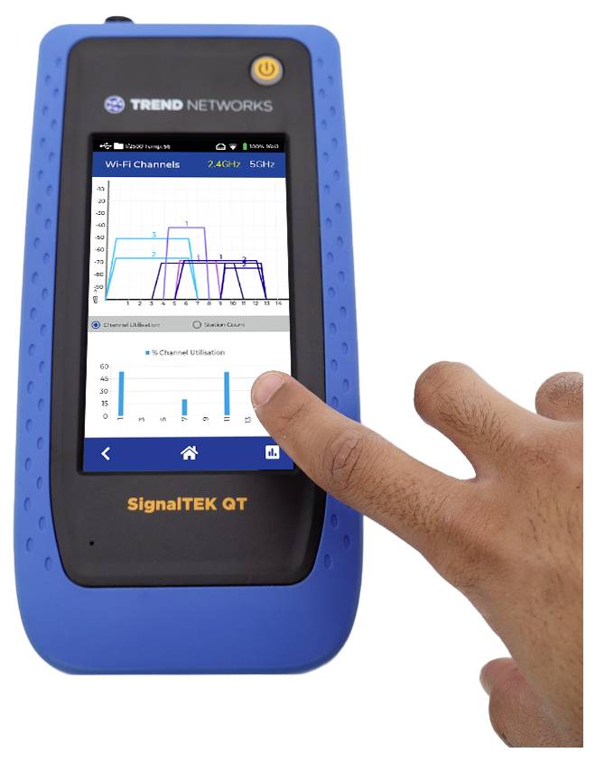 Niebieskie urządzenie ręczne wyświetla wykres kanałów Wi-Fi. Palec dotyka ekranu, wskazując na interakcję z modelem SignalTEK QT.