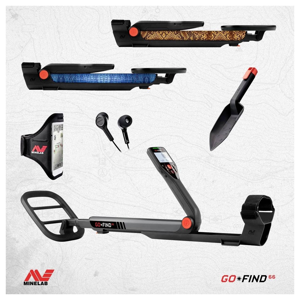 Wykrywacz metali Minelab GO-FIND 66 w zestawie z łopatą, uchwytem na smartfona, słuchawkami dousznym i latarką LED z niebieskim i pomarańczowym światłem.