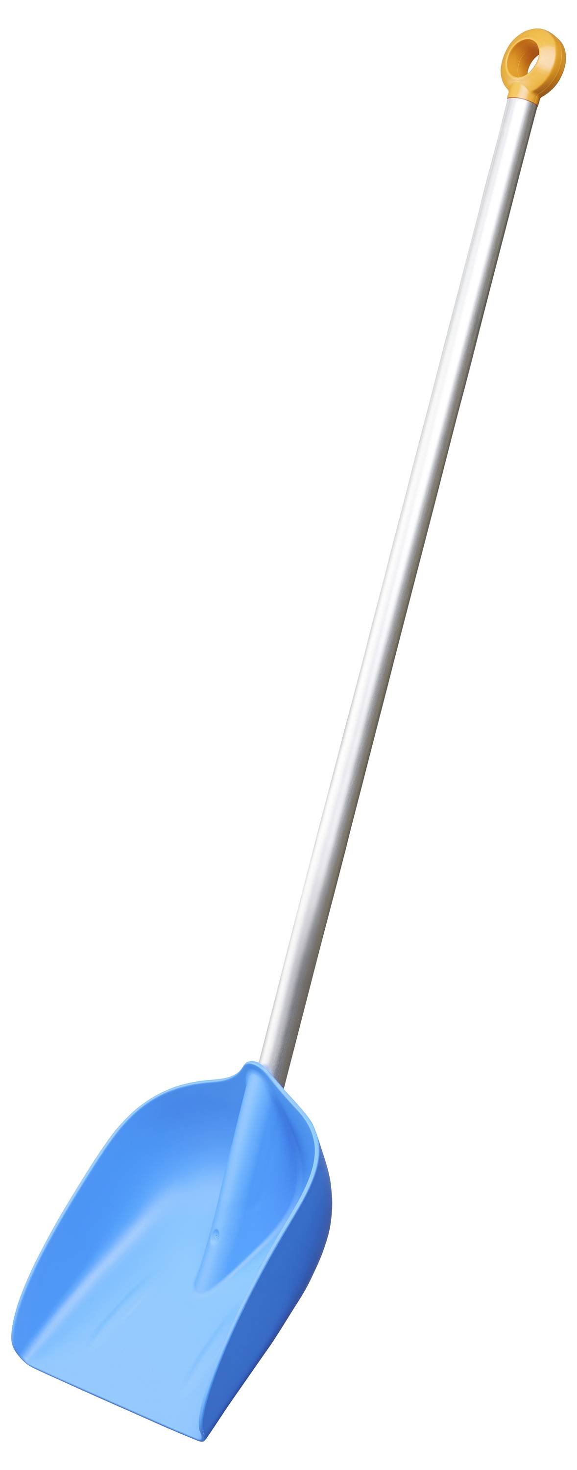 Niebieska łopata do śniegu z długim srebrnym uchwytem i pomarańczowym uchwytem, ustawiona pionowo na białym tle.