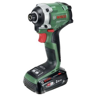 Bezkomorowy zakrętak udarowy Bosch UniversalImpact 18V-70 w kolorze zielono-czarnym, z czerwonym włącznikiem i wyświetlaczem cyfrowym na akumulatorze. Odpowiedni do wszechstronnych prac majsterkowiczów.
