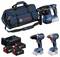 Zestaw elektronarzędzi Bosch obejmujący młot udarowy, wiertarkę, zakrętarkę udarową, ładowarkę, trzy akumulatory oraz torbę transportową.