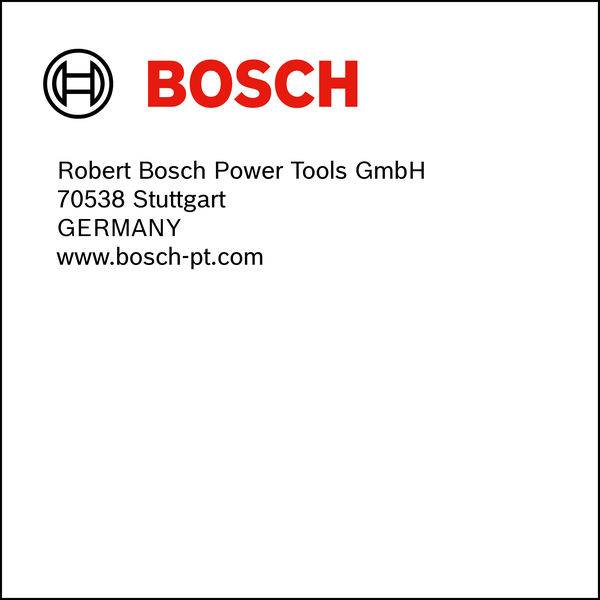 Logo 'BOSCH' na górze z napisem 'Robert Bosch Power Tools GmbH, 70538 Stuttgart, NIEMCY, www.bosch-pt.com' poniżej na białym tle.