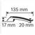 Diagram płaskiego przedmiotu o wymiarach: 135 mm długości, 17 mm szerokości i 20 mm sekcji.