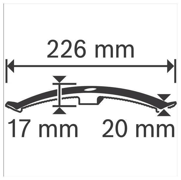 Rysunek przedstawiający zakrzywiony obiekt z wymiarami: długość całkowita '226 mm', wysokość '17 mm' i szerokość podstawy '20 mm'.