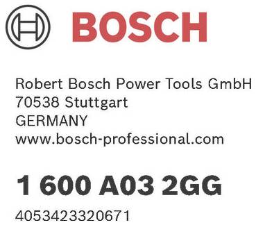 Obraz przedstawia dane kontaktowe firmy Robert Bosch Power Tools GmbH, z siedzibą w Stuttgarcie w Niemczech, w tym stronę internetową oraz serię numerów.