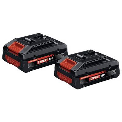 Dwie baterie Bosch 18V o czerwonym i czarnym designie, oznaczone napisami 'High Power' i 'EXPERT 18V 4.0Ah', ułożone obok siebie.