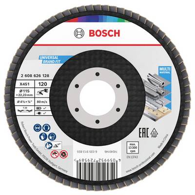 'Tarcza lamelkowa Bosch, ziarnistość 120, odpowiednia do metalu i drewna, średnica 115 mm, maksymalna prędkość 80 m/s, uniwersalne mocowanie, zawiera ikony bezpieczeństwa.'
