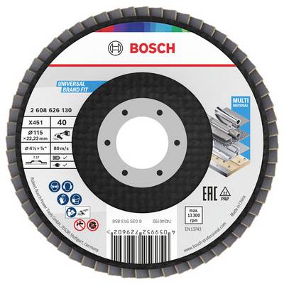 Tarcza lamelkowa Bosch do szlifowania metalu, X451, ziarnistość 40, średnica 115 mm, prędkość 80 m/s, z symbolami bezpieczeństwa i kodami recyklingu.
