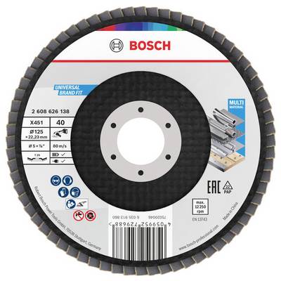 Tarcza szlifierska Bosch oznaczona jako 'UNIWERSALNA KOMPATYBILNOŚĆ', o średnicy 125 mm, prędkości 80 m/s, z symbolem zastosowania do wielu materiałów, z wyświetlanymi ikonami bezpieczeństwa.