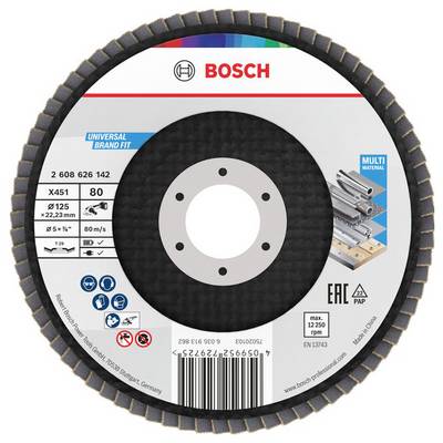 Tarcza lamelkowa Bosch do szlifierek kątowych, charakteryzująca się szczegółami takimi jak średnica '125 mm', wielkość ziarna '80', prędkość '12 250 obr./min'.