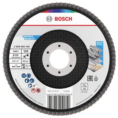 Tarcza ścierna marki 'Bosch' do szlifowania metalu. Specyfikacja: X451, ziarnistość 120, średnica 125 mm, odpowiednia do pracy z wieloma materiałami.