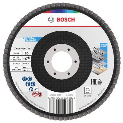 Tarcza oznaczona jako 'Bosch Universal Brand Fit' o parametrach: ziarnistość 60, średnica 125 mm, otwór mocujący 22,23 mm, prędkość 80 m/s, przeznaczona do obróbki metalu.