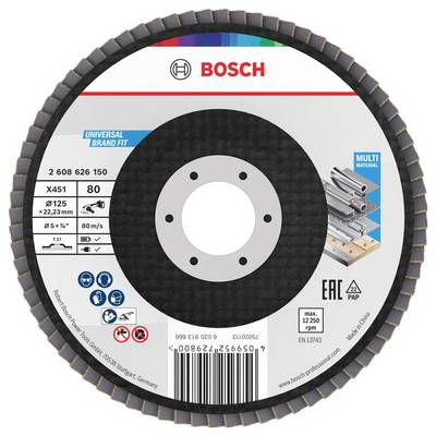 Okrągła tarcza szlifierska z logo Bosch, oznaczona jako 'Uniwersalny system mocowania', przeznaczona do metalu, o wymiarach 125 x 22,23 mm, maksymalna prędkość 12 200 obr./min.