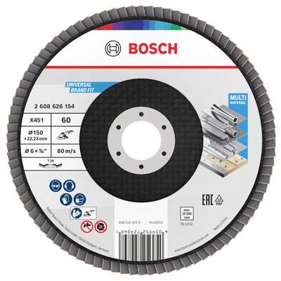 Tarcza tnąca Bosch uniwersalna do materiałów wielorodnych, średnica 150 mm, ziarnistość 60, maksymalna prędkość 80 m/s. Charakterystyka obejmuje ikony bezpieczeństwa oraz kod produktu 2 608 626 154.