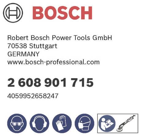 Logo Bosch z danymi kontaktowymi firmy Robert Bosch Power Tools GmbH, Niemcy. Zawiera numer seryjny oraz ikony bezpieczeństwa dotyczące stosowania środków ochrony indywidualnej (PPE).