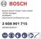 Logo Bosch z danymi kontaktowymi firmy Robert Bosch Power Tools GmbH, Niemcy. Zawiera numer seryjny oraz ikony bezpieczeństwa dotyczące stosowania środków ochrony indywidualnej (PPE).
