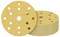 Stos okrągłych żółtych krążków papieru ściernego z otworami, przeznaczonych do użycia z szlifierkami mimośrodowymi, na białym tle.