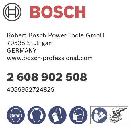 Logo 'Bosch' oraz dane kontaktowe Bosch Power Tools w Stuttgarcie, Niemcy. Ikony wskazują środki bezpieczeństwa: nosić okulary ochronne, rękawice, ochronniki słuchu i maskę.