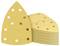 Stos trójkątnych żółtych arkuszy papieru ściernego z okrągłymi otworami.