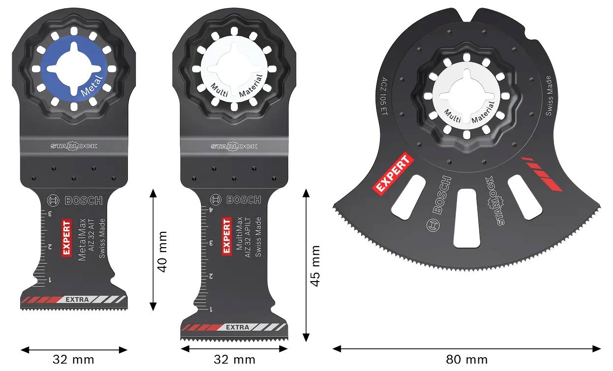 Trzy oscylacyjne noże Boscha z pokazanymi wymiarami: dwa proste noże 40 mm i 45 mm oraz jeden półokrągły nóż 80 mm oznaczony jako EXPERT/EXTRA.