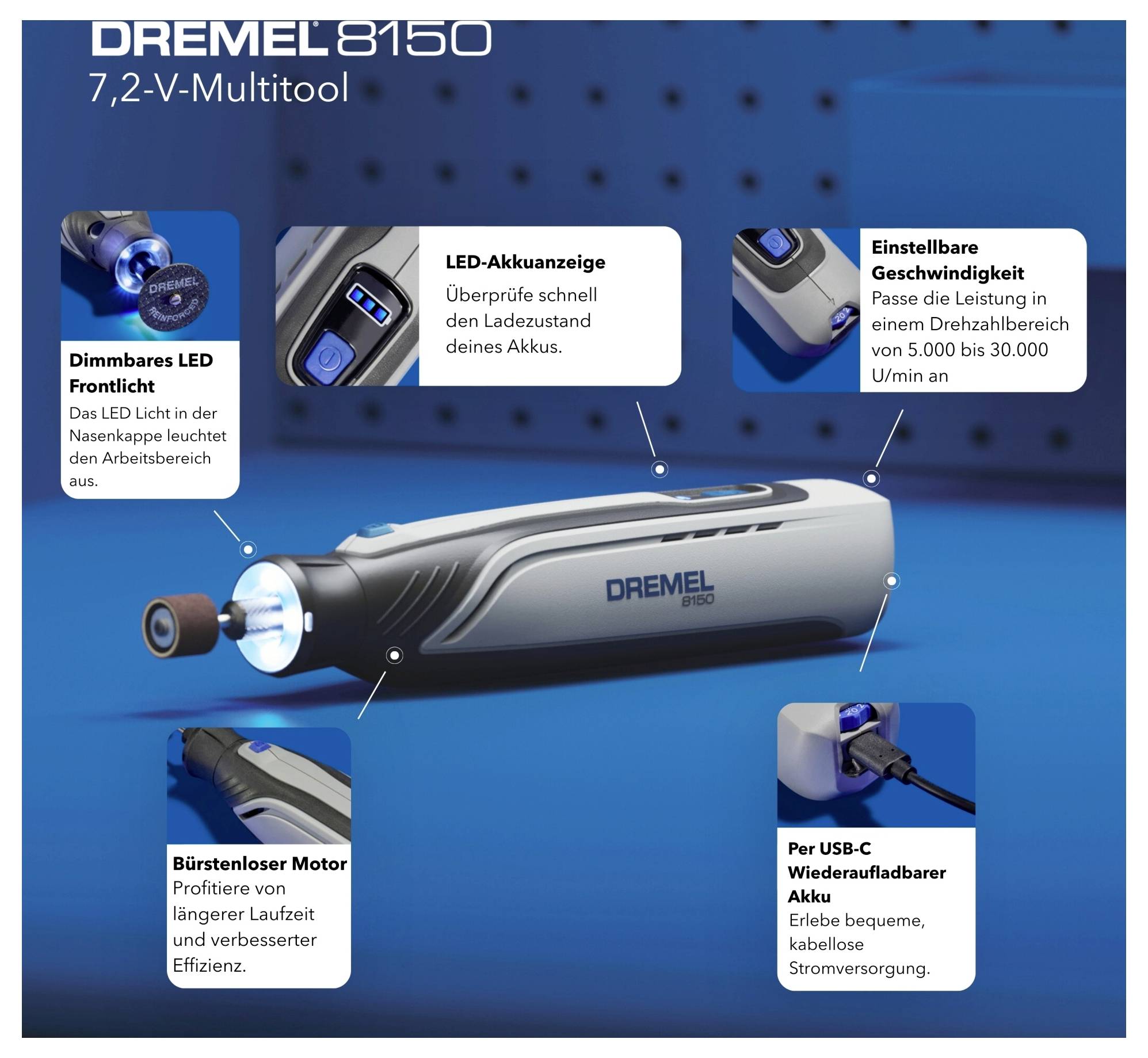 Dremel 8150 7.2V Multitool - obraz produktu przedstawiający kluczowe cechy: regulowana prędkość, wyświetlacz LED stanu baterii, przyciemniany przedni reflektor LED, długotrwały silnik, ładowarka USB-C.
