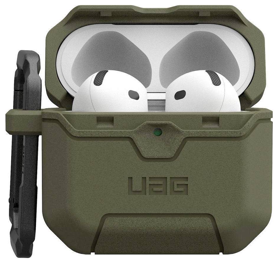 Oliwkowozielone etui ochronne UAG na bezprzewodowe słuchawki douszne, pokazane otwarte z widocznymi słuchawkami wewnątrz, zaprojektowane z myślą o wytrzymałości i intensywnym użytkowaniu.