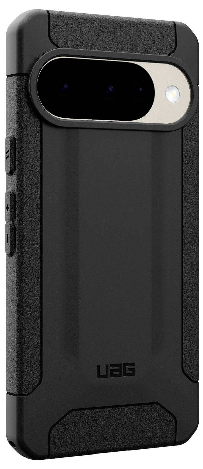 Wytrzymały czarny futerał na smartfona marki UAG z wzmocnionymi narożnikami i podniesionym rantem wokół obszaru aparatu, zaprojektowany z myślą o ochronie.