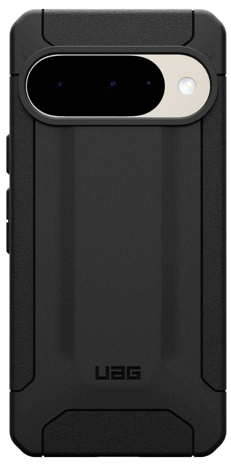 Wytrzymały czarny futerał na smartfona z poziomym wycięciem na aparat z wieloma obiektywami i lampą błyskową, zaprojektowany z myślą o trwałości i ochronie.