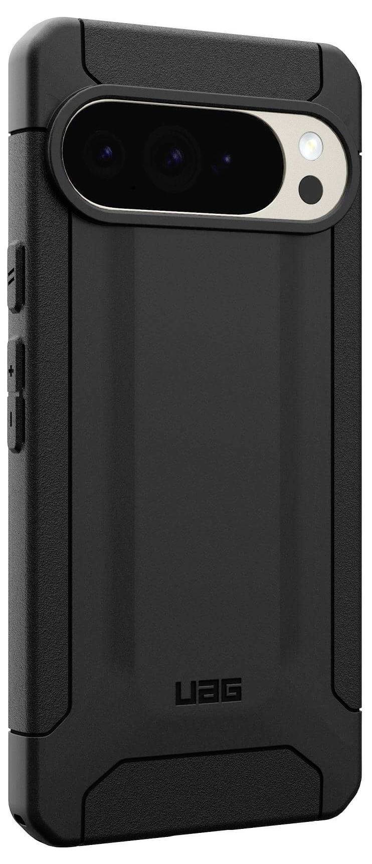 Wytrzymały czarny pokrowiec na smartfona z wzmocnionymi krawędziami i bocznymi przyciskami, wyposażony w wycięcie na aparat u góry, przeznaczone dla podwójnego układu obiektywów.