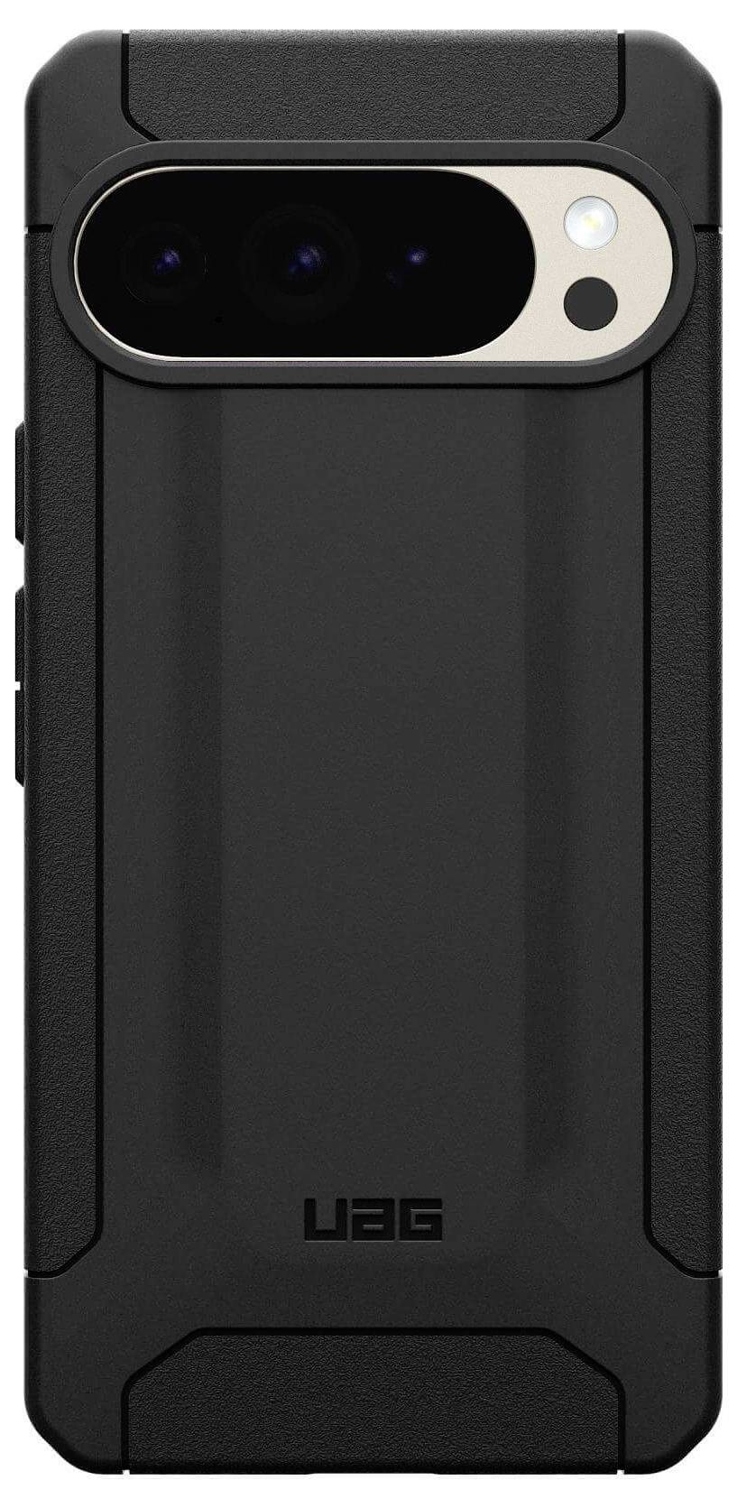 Wytrzymały czarny pokrowiec na telefon z wzmocnionymi narożnikami i wycięciami na aparat oraz przyciski, prezentujący solidną i ochronną konstrukcję.