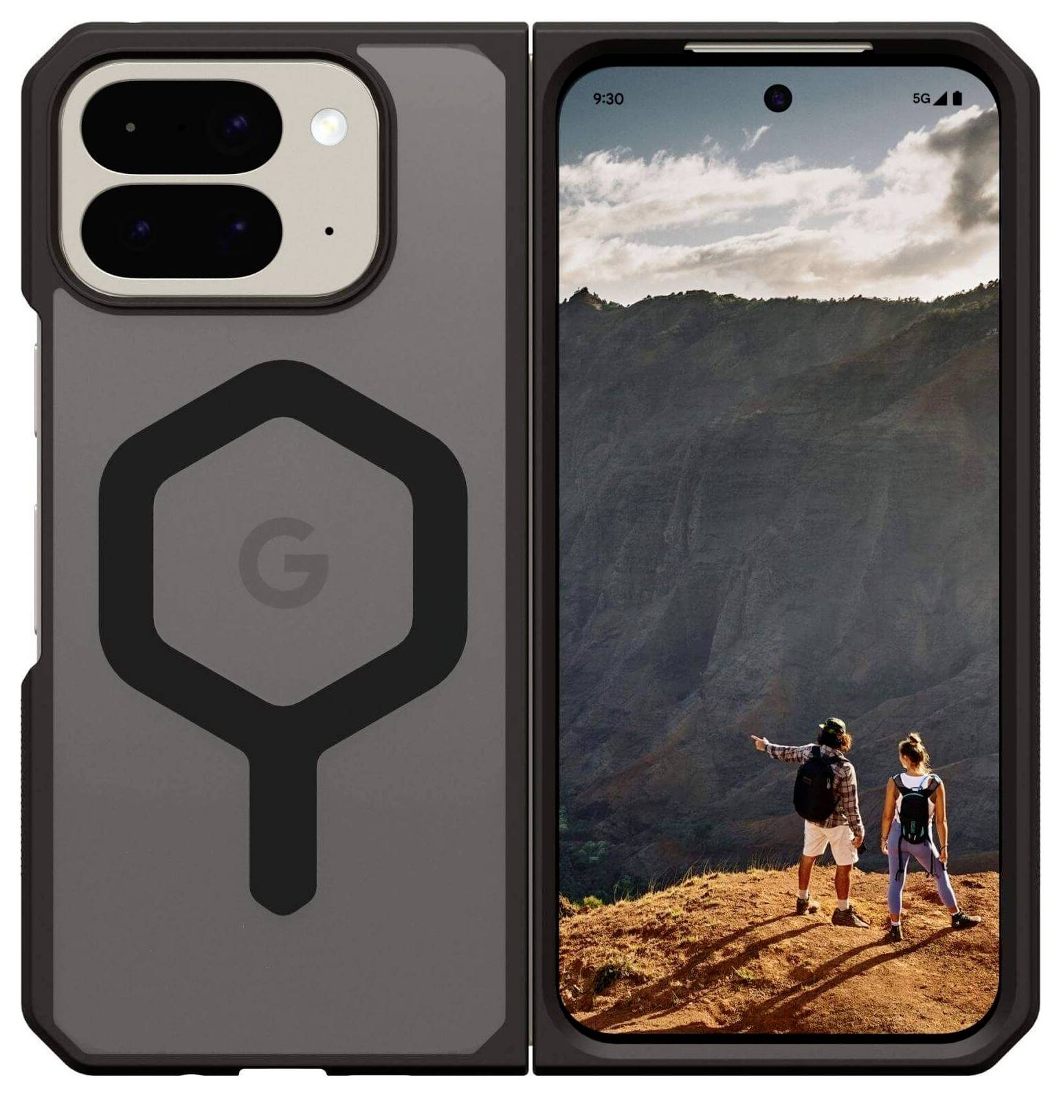Smartfon w wytrzymałym etui wyświetla malowniczy krajobraz górski z dwoma turystami stojącymi na skalistej krawędzi, z których jeden wskazuje przed siebie.