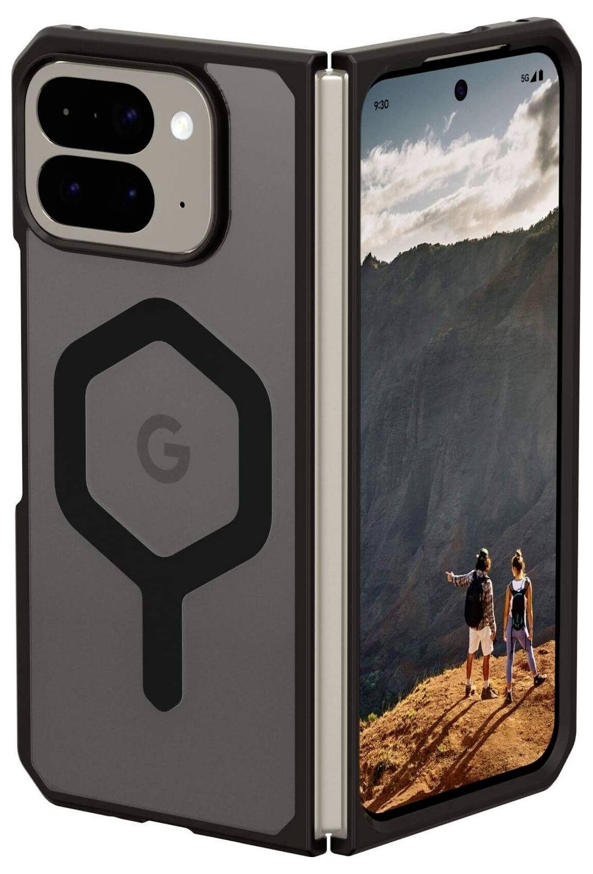 Składany smartfon wyświetlający widok krajobrazu na ekranie, na którym znajdują się dwie osoby. Z tyłu urządzenia widoczne jest wyraźne logo oraz podwójny aparat fotograficzny.