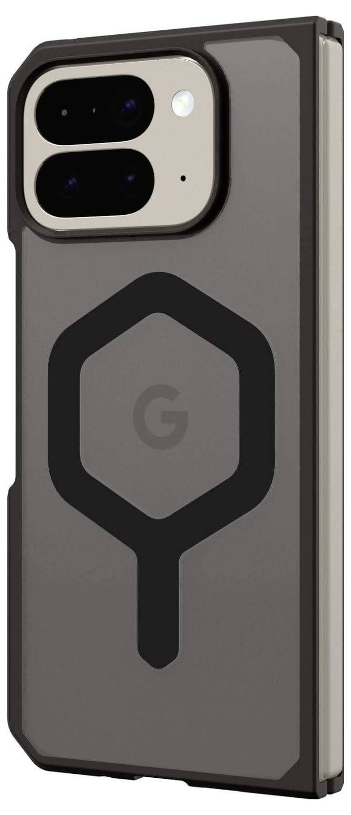 Smartfon w eleganckiej obudowie ochronnej z dużym modułem kamery i logo 'G', wyposażony w podwójny aparat i minimalistyczny czarny design.